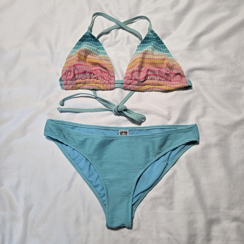 Ron Jon Surf Shop Colorful Blue and Pink Striped Bikini Set